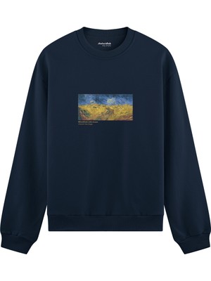 The Lucid Lab Buğday Tarlası ve Kargalar  Oversize Sweatshirt - Lacivert