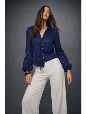 Hakke Kadın Gloss Düğmeli Bağlamalı Şık Gömlek