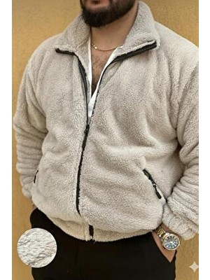 NO 601 Erkek Açık Bej Oversize Fermuarlı Peluş Mont