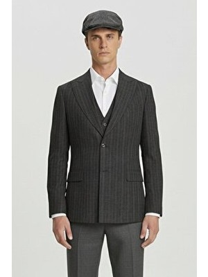 Sabri Özel Giotelli Erkek Siyah Dar Kesim Slim Fit Viskon Çizgili Sivri Yaka Tam Astarlı Şapkalı 4'lü 6 Drop Yelekli Takım Elbise