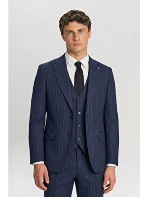 Sabri Özel Giotelli Lacivert Slim Fit Çizgili Mono Yaka Yelekli Takım Elbise