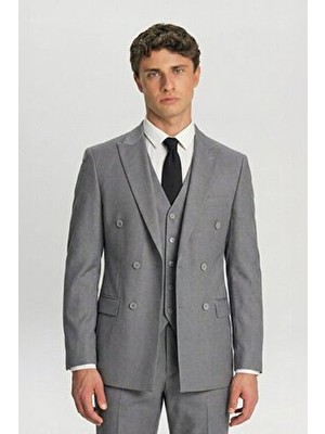 Sabri Özel Giotelli Gri Comfort Fit Sivri Yaka Kruvaze Takım Elbise