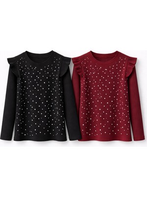 Mini Kanka Kız Çocuk Uzun Kollu Fırfırlı Taşlı Bluz 2’li Set – Fitilli Kumaş, Şık ve Günlük Kullanım