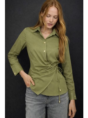 Hakke Şık Asimetrik Kesim Yan Bağcıklı Drapeli Kadın Gömlek