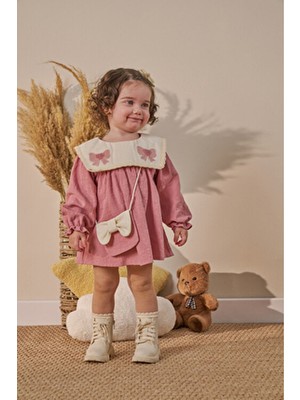 Minipodyum Nakış Detaylı Bebe Yaka Çantalı Bayramlık Keten Kız Bebek Elbise