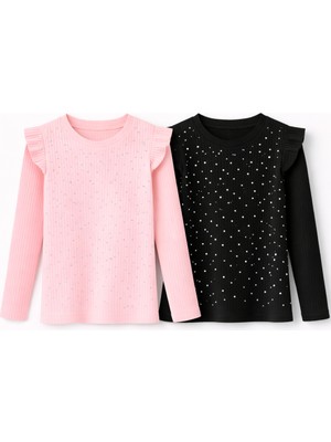 Mini Kanka Kız Çocuk Uzun Kollu Fırfırlı Taşlı Bluz 2’li Set – Fitilli Kumaş, Şık ve Günlük