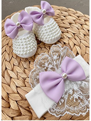 Harry&Millie Kız Bebek Fiyonk Detay Parlak Incili Patik Dantelli Bandana Set 10CM Hediyelik Patik Lüx Cırtcıtlı