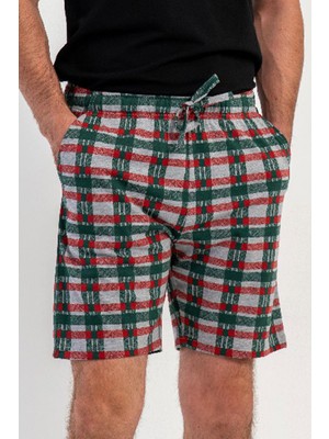 Vienetta Erkek Yeşil Ekose Şort %100 Pamuk Rahat Ev Şortu C5T1N0905