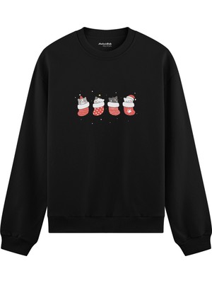 The Lucid Lab Christmas Stocking Cats  Oversize Sweatshirt - Siyah