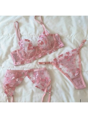 Noches Pembe Kalp Desenli Kapsız Balenli 3’lü Iç Çamaşır Jartiyer Takım