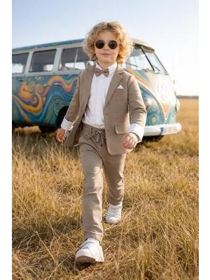 Terry Erkek Çocuk Flamlı Keten Salaş Ceketli Takım Elbise / Gömlek Pantolon Ceket Papyon Keten Takım