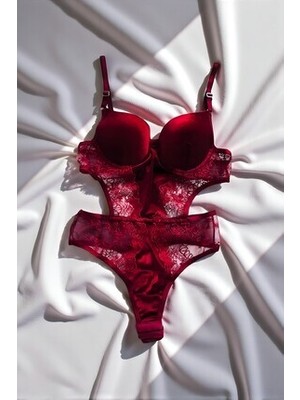 Luvensa Bordo Kadife Dantelli Dolgulu Çıtçıtlı Bodysuit Babydoll