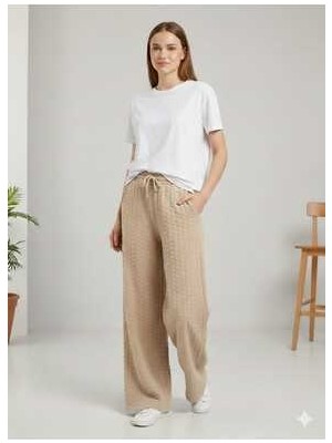 Beems Kadın Yünlü Dökümlü Pantolon 2XL Bej Renk Günlük Tarzda Rahat Kumaş Model