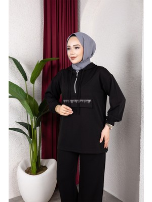 SFG Life Moda Kadın Tesettür Giyim Fermuarlı Taşlı Cep Kapaklı Kapşonlu & Pantolon Ikili Takım