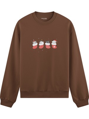 The Lucid Lab Christmas Stocking Cats  Oversize Sweatshirt - Kahverengi