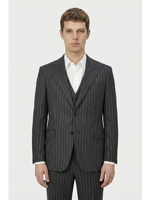 Sabri Özel Giotelli Antrasit Slim Fit Çizgili Mono Yaka Yelekli Takım Elbise