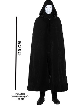 Konyax Siyah Kapüşonlu 120 cm Pelerin ve Beyaz Boyanabilir Tam Yüz Maske