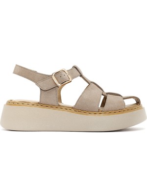 Derimod Kadın Vizon Bilekten Tokalı Kalın Tabanlı Süet Deri Konfor Sandalet 26SFD341310