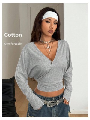 Tarz Cool Kadın Gri Kruvaze Yaka Uzun Kollu Crop Bluz