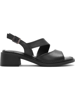 Derimod Kadın Siyah Bilekten Tokalı Kısa Topuklu Deri Sandalet 26SFD340818