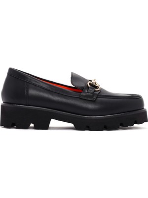 Derimod Flex Kadın Siyah Kalın Tabanlı Deri Maskülen Loafer 26PFD405018