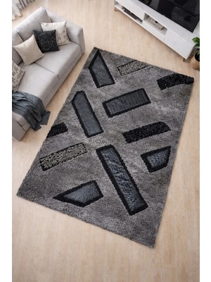 Padişah Halı Shaggy Leather Serisi %100 Akrilik 100X300 Siyah Renk Seri Sonu Halı Deri Halı