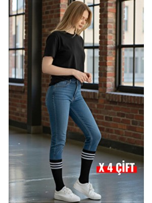 Esinti 4 Çift Erkek Kadın Pamuklu Beyaz Siyah Çizgili Uzun Tenis Çorap Unisex Spor Çorabı