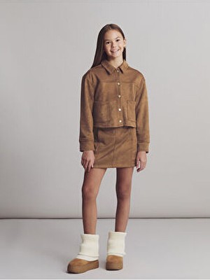 LC Waikiki Kız Çocuk Ceket Uzun Kol Kahverengi Süet Görünümlü Casual Stil Loose Kalıp