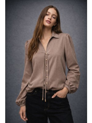 Hakke Kadın Gloss Düğmeli Bağlamalı Şık Gömlek