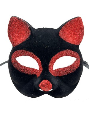 Konyax Siyah Kırmızı Simli Süet Kedi Maskesi