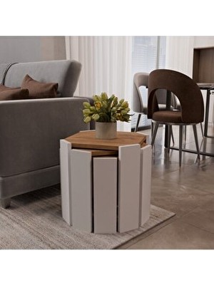 Eco Room Inci 3'lü Sekizgen Zigon Sehpa - Atlantik Çam / Beyaz - 38,5X36X36 cm