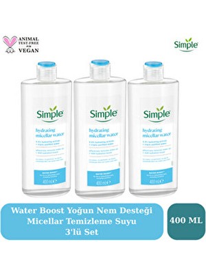 Simple Water Boost Kuru ve Hassas Ciltler Için Nemlendirici Micellar Makyaj Temizleme Suyu 400 ml 3'li Set