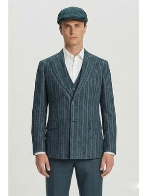 Sabri Özel Yeşil Slim Fit Sivri Yaka Desenli Yelekli Şapkalı 4'lü Takım Elbise