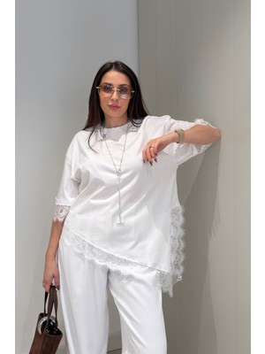 Magarde Permium Dantelli Bisiklet Yaka Bluz- Ekru