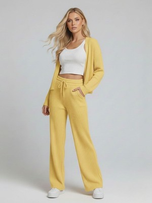 Trendseninle Kadın Sarı Fitilli Örme Yelek Pantolon Takım