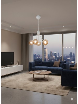 Avizade Pera Modern Beyaz Metal Gövde 5'li Bal Cam Avize - Lüks Aydınlatma - Salon, Mutfak, Oturma Odası