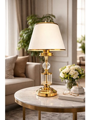 Evlight Golden Metal Ayaklı Kristal Krem Abajur