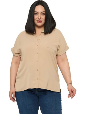 Disentis Modest Büyük Beden Tek Cepli Kısa Duble Kollu Bej Rengi Gömlek