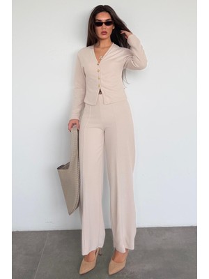 Madmext Bej Düğmeli Yumuşak Dokunuşlu Ikili Hırka Pantolon Takım MG2651
