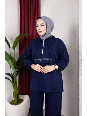 SFG Life Moda Kadın Tesettür Giyim Fermuarlı Taşlı Cep Kapaklı Kapşonlu & Pantolon Ikili Takım