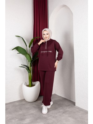 SFG Life Moda Kadın Tesettür Giyim Fermuarlı Taşlı Cep Kapaklı Kapşonlu & Pantolon Ikili Takım
