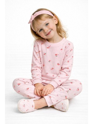 Mini Kanka Kız Çocuk Çiçek Desenli Pijama Takımı – Uzun Kollu, Pamuklu, Fitilli Kumaş (2’li Takım)