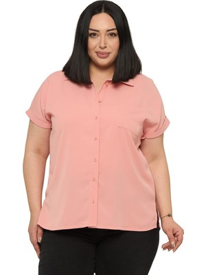 Disentis Modest Büyük Beden Tek Cepli Kısa Duble Kollu Pudra Gömlek