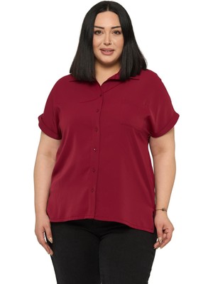 Disentis Modest Büyük Beden Tek Cepli Kısa Duble Kollu Bordo Gömlek