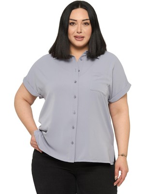 Disentis Modest Büyük Beden Tek Cepli Kısa Duble Kollu Açık Gri Gömlek