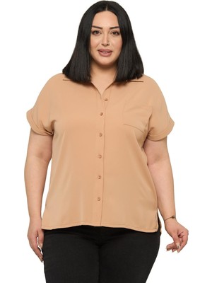 Disentis Modest Büyük Beden Tek Cepli Kısa Duble Kollu Vizon Gömlek