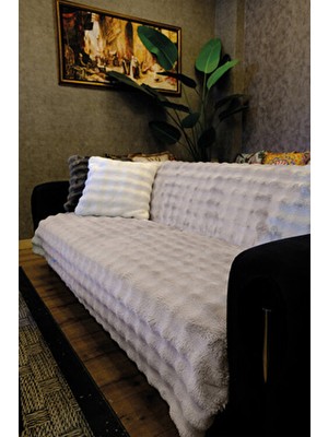 Dekomod Peluş Koltuk Örtüsü Şalı Pofuduk Bubble Gri Çok Amaçlı Baklava Desen 170X210 cm