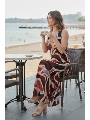 Only Kadın Onljane Kolsuz Desenli Maxi Elbise 15318885 Kahverengi