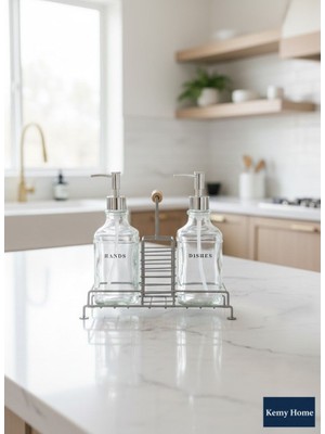 Kemy Home 2’li Cam Sabunluk Seti – Dishes & Hands Yazılı, Metal Standlı