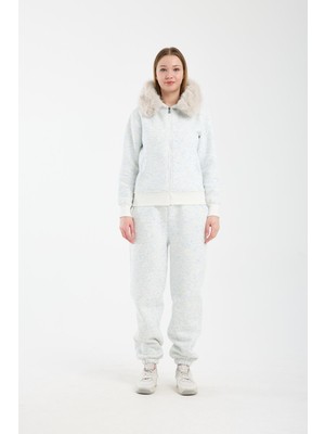 Afri Kadın Kırçıllı Beyaz Kapüşonu Kürklü (Çıkarılabilir) Fermuarlı Sweatshirt ve Eşofman Altı Takım